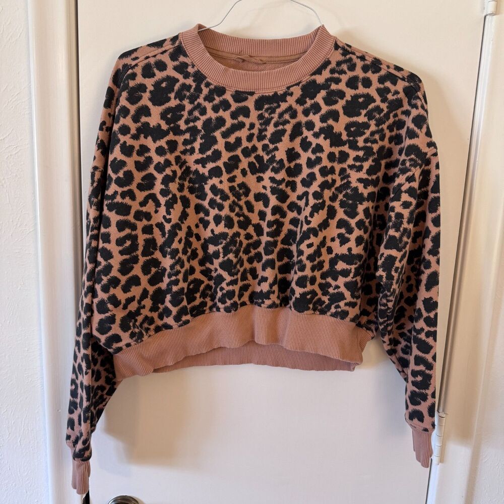 Womens XS Aerie Take It Easy Crew Sweatshirt Cropped Leopard Tan Black EUC